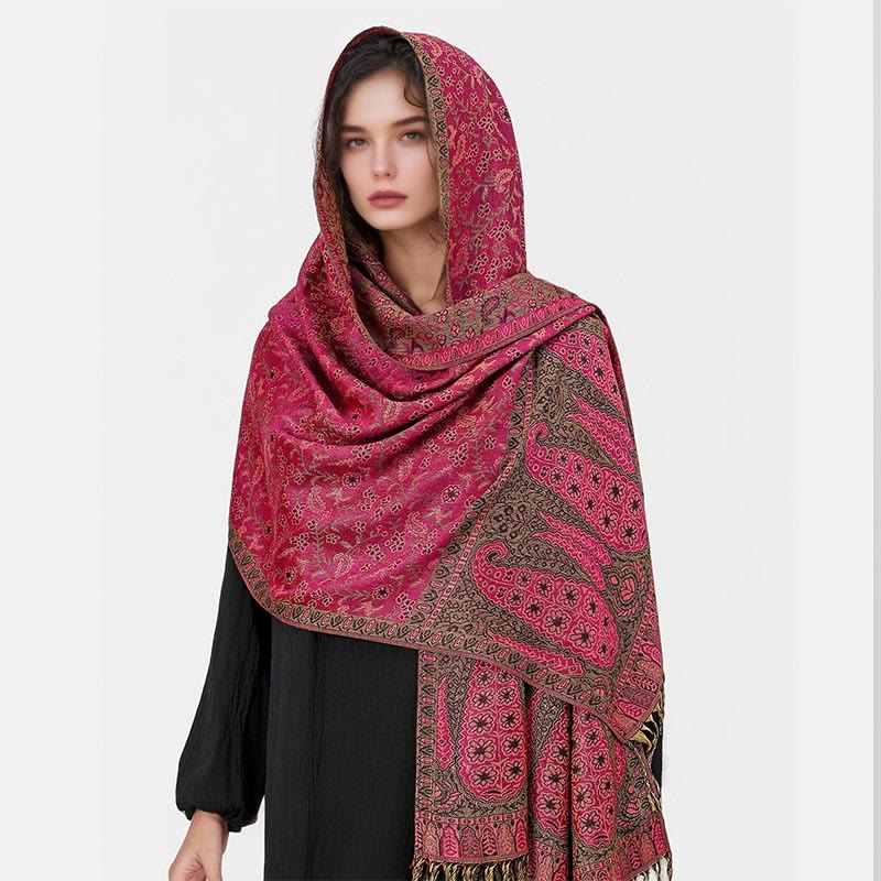 Nimara Ritual Tibetan Jacquard Paisley Flower Pattern Color Contrast Design Tassel Cozy Scarf Shawl