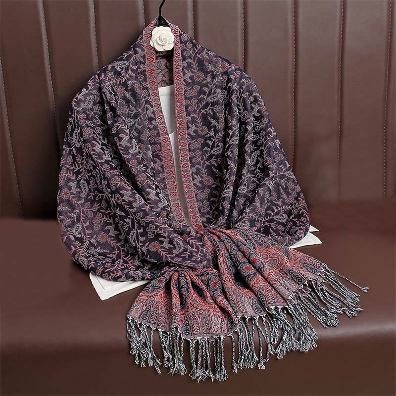 Nimara Ritual Tibetan Jacquard Paisley Flower Pattern Color Contrast Design Tassel Cozy Scarf Shawl