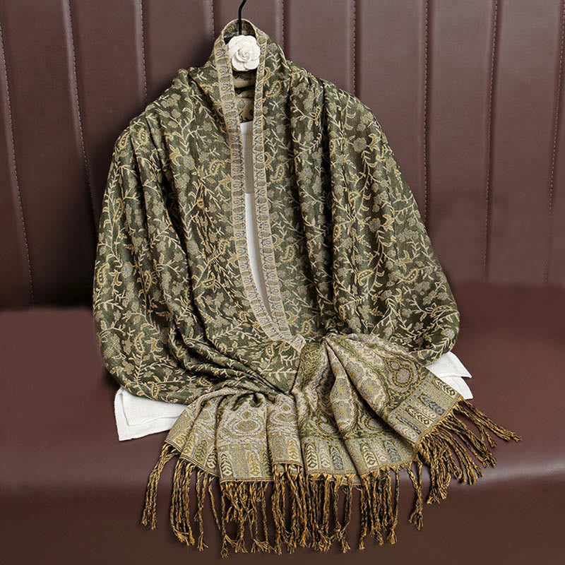 Nimara Ritual Tibetan Jacquard Paisley Flower Pattern Color Contrast Design Tassel Cozy Scarf Shawl