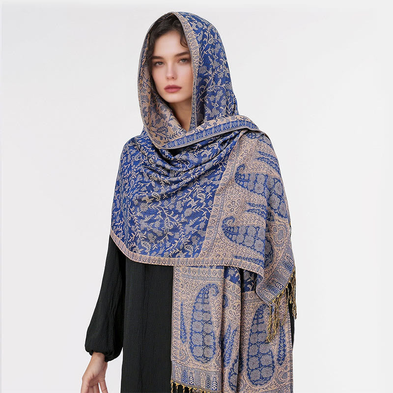 Nimara Ritual Tibetan Jacquard Paisley Flower Pattern Color Contrast Design Tassel Cozy Scarf Shawl