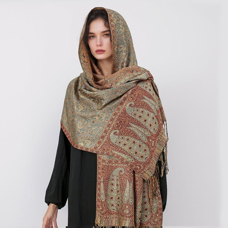 Nimara Ritual Tibetan Jacquard Paisley Flower Pattern Color Contrast Design Tassel Cozy Scarf Shawl
