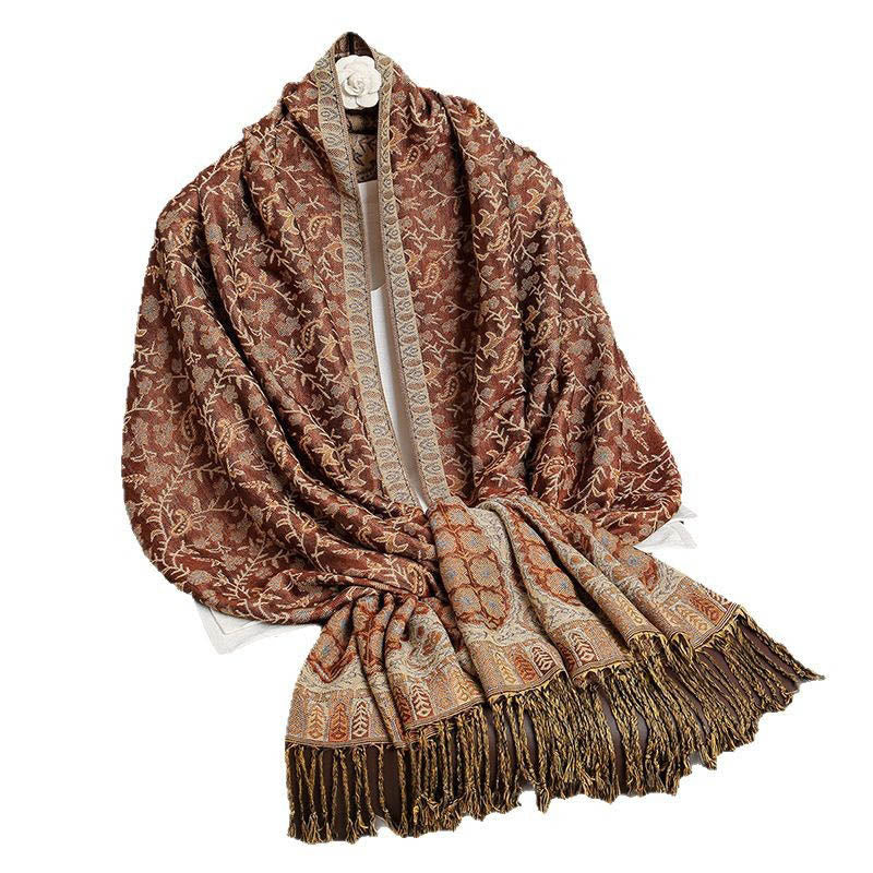 Nimara Ritual Tibetan Jacquard Paisley Flower Pattern Color Contrast Design Tassel Cozy Scarf Shawl