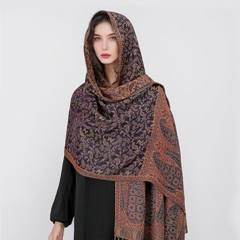 Nimara Ritual Tibetan Jacquard Paisley Flower Pattern Color Contrast Design Tassel Cozy Scarf Shawl