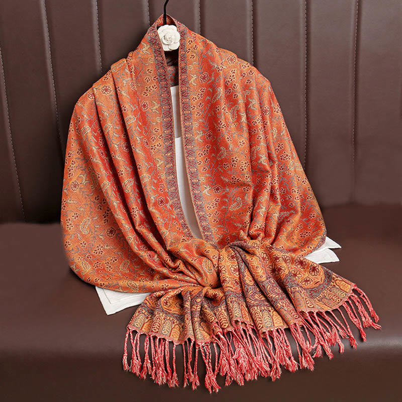 Nimara Ritual Tibetan Jacquard Paisley Flower Pattern Color Contrast Design Tassel Cozy Scarf Shawl