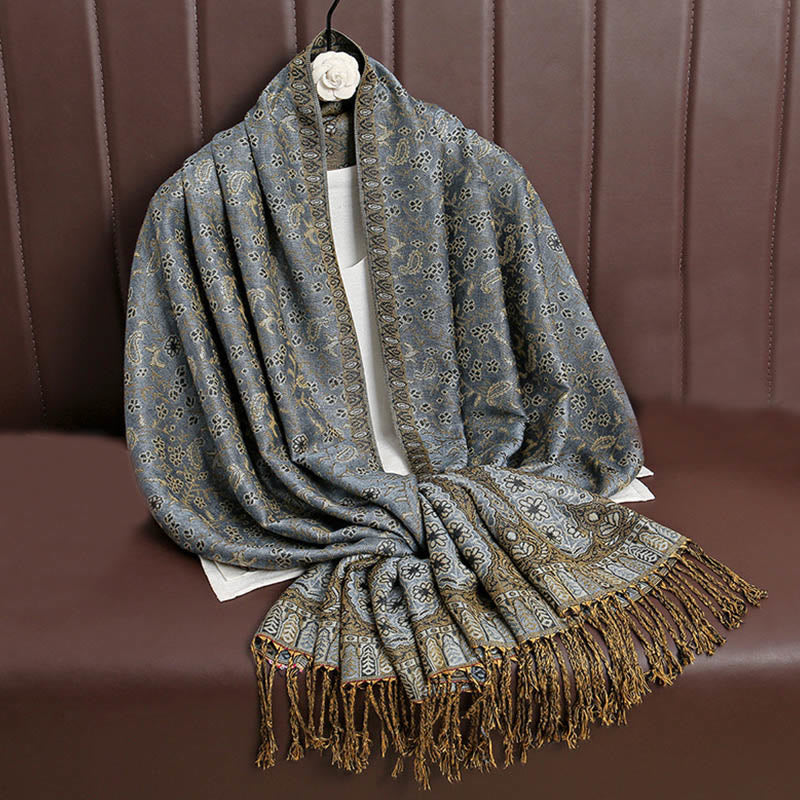 Nimara Ritual Tibetan Jacquard Paisley Flower Pattern Color Contrast Design Tassel Cozy Scarf Shawl