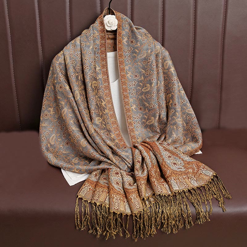 Nimara Ritual Tibetan Jacquard Paisley Flower Pattern Color Contrast Design Tassel Cozy Scarf Shawl