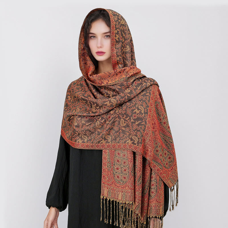 Nimara Ritual Tibetan Jacquard Paisley Flower Pattern Color Contrast Design Tassel Cozy Scarf Shawl
