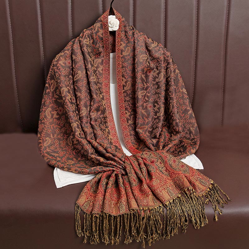 Nimara Ritual Tibetan Jacquard Paisley Flower Pattern Color Contrast Design Tassel Cozy Scarf Shawl