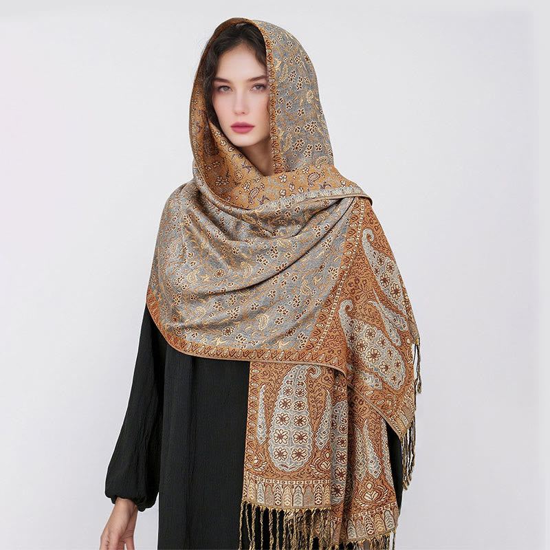 Nimara Ritual Tibetan Jacquard Paisley Flower Pattern Color Contrast Design Tassel Cozy Scarf Shawl