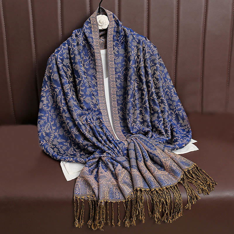 Nimara Ritual Tibetan Jacquard Paisley Flower Pattern Color Contrast Design Tassel Cozy Scarf Shawl