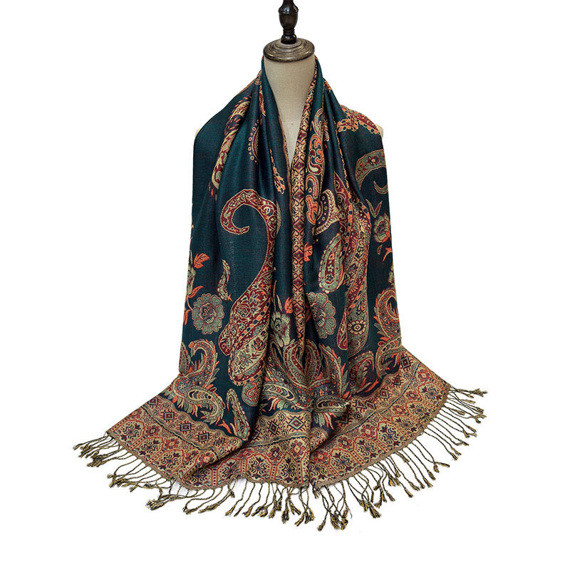 Nimara Ritual Bohemia Style Tibetan Paisley Floral Pattern Tassel Cozy Scarf Shawl