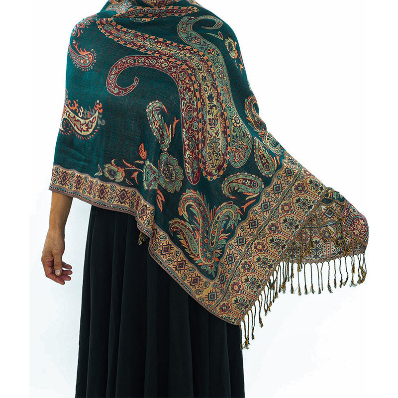 Nimara Ritual Bohemia Style Tibetan Paisley Floral Pattern Tassel Cozy Scarf Shawl