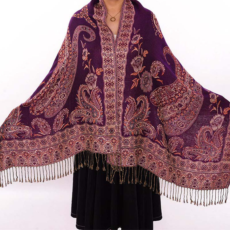 Nimara Ritual Bohemia Style Tibetan Paisley Floral Pattern Tassel Cozy Scarf Shawl