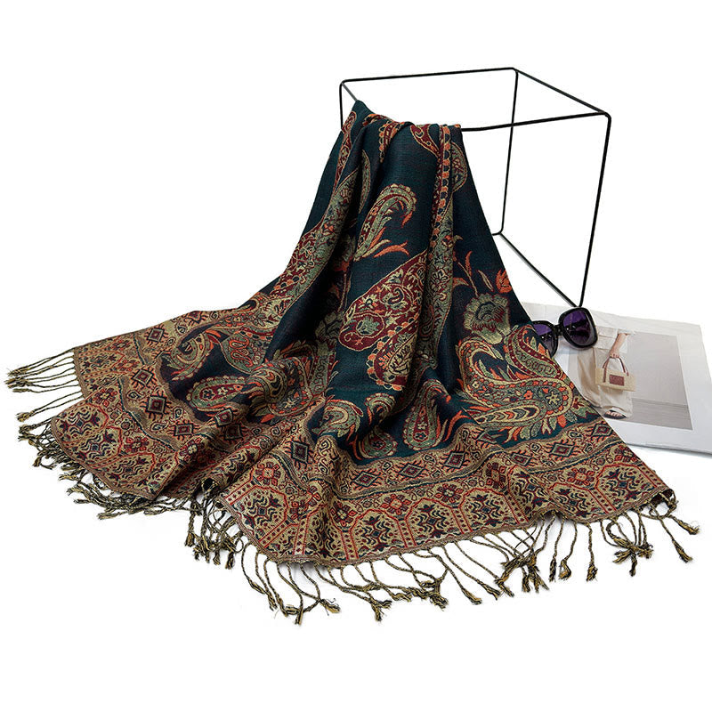 Nimara Ritual Bohemia Style Tibetan Paisley Floral Pattern Tassel Cozy Scarf Shawl