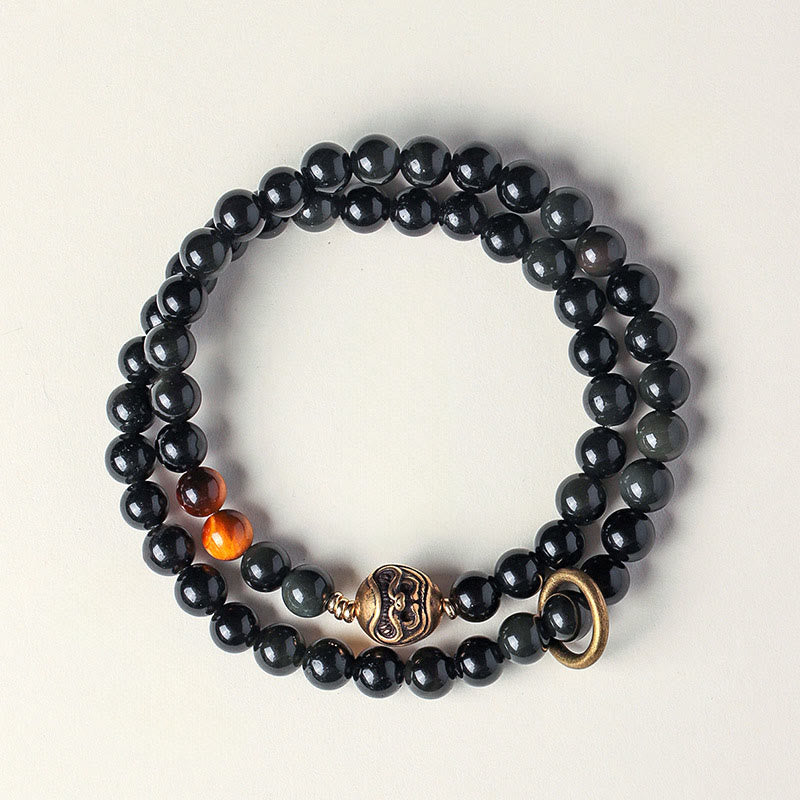 Nimara Ritual Tibetan Black Obsidian Tiger Eye Copper Double Wrap Strength Bracelet