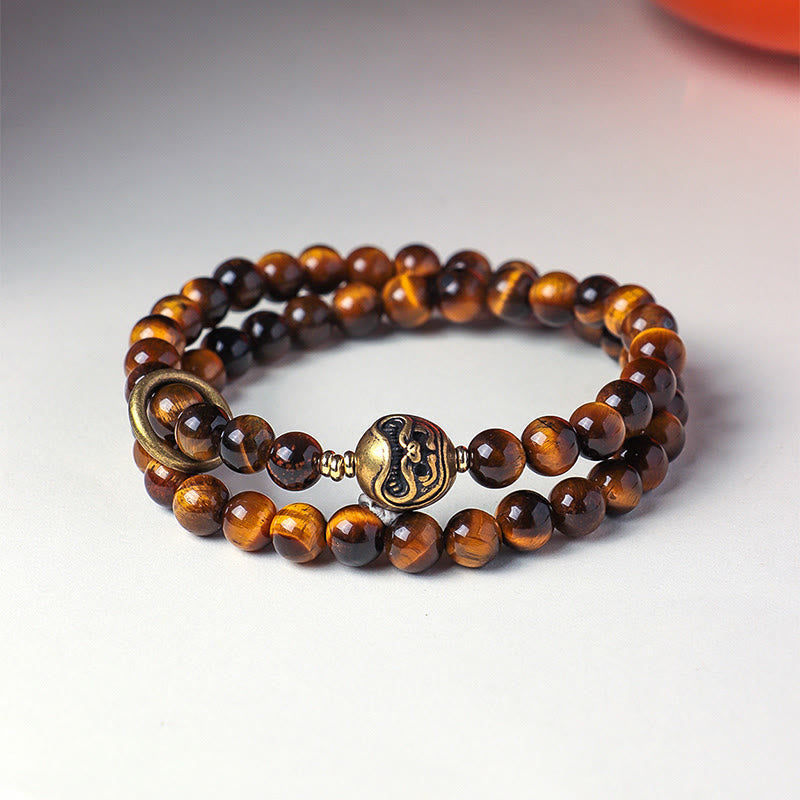 Nimara Ritual Tibetan Black Obsidian Tiger Eye Copper Double Wrap Strength Bracelet