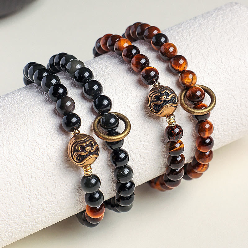 Nimara Ritual Tibetan Black Obsidian Tiger Eye Copper Double Wrap Strength Bracelet