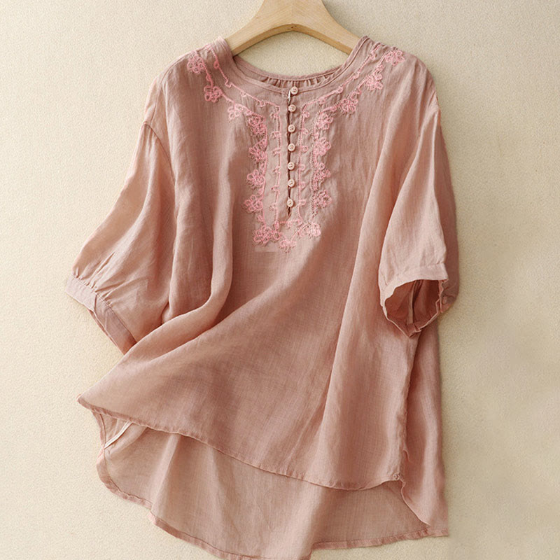 Nimara Ritual Casual Women's Plain Frog Buckle Design Half Sleeve Shirt