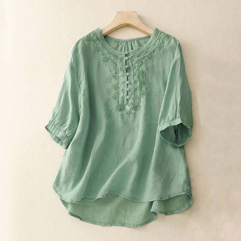 Nimara Ritual Casual Women's Plain Frog Buckle Design Half Sleeve Shirt