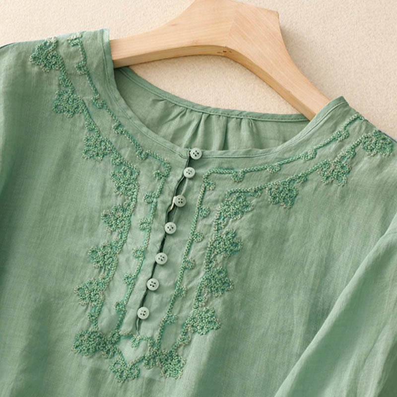Nimara Ritual Casual Women's Plain Frog Buckle Design Half Sleeve Shirt