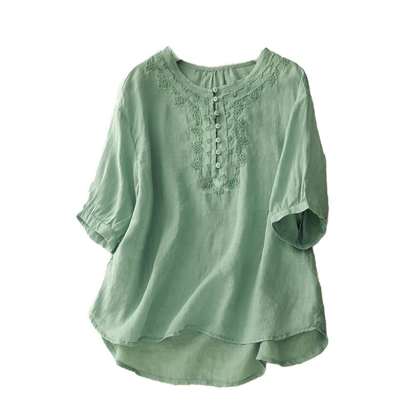 Nimara Ritual Casual Women's Plain Frog Buckle Design Half Sleeve Shirt