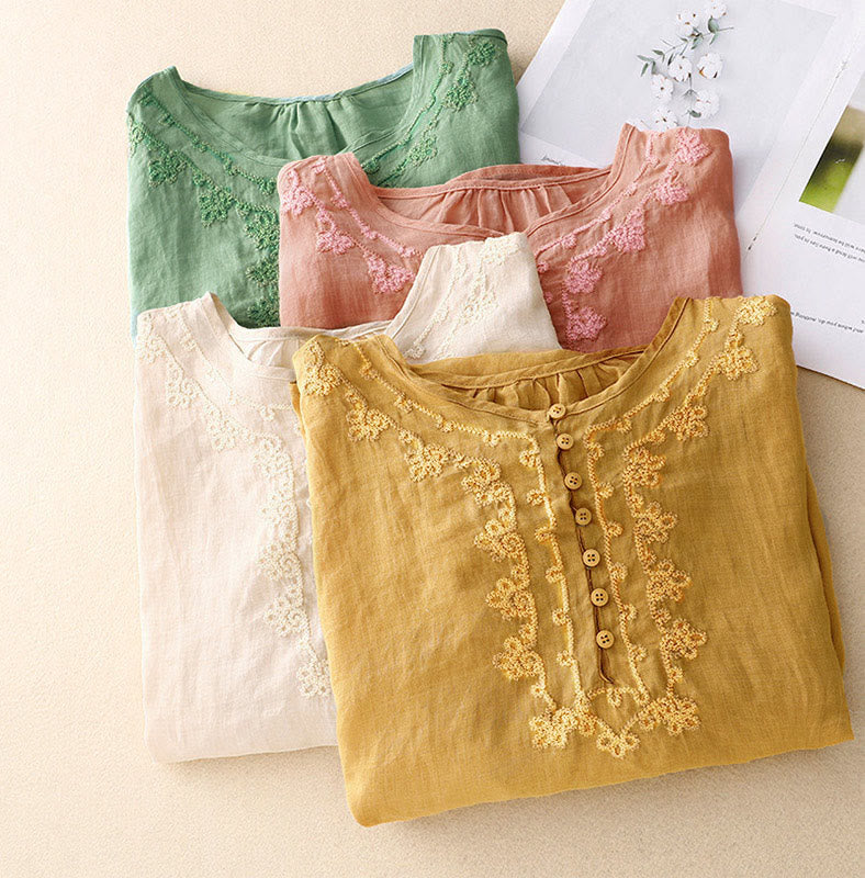 Nimara Ritual Casual Women's Plain Frog Buckle Design Half Sleeve Shirt