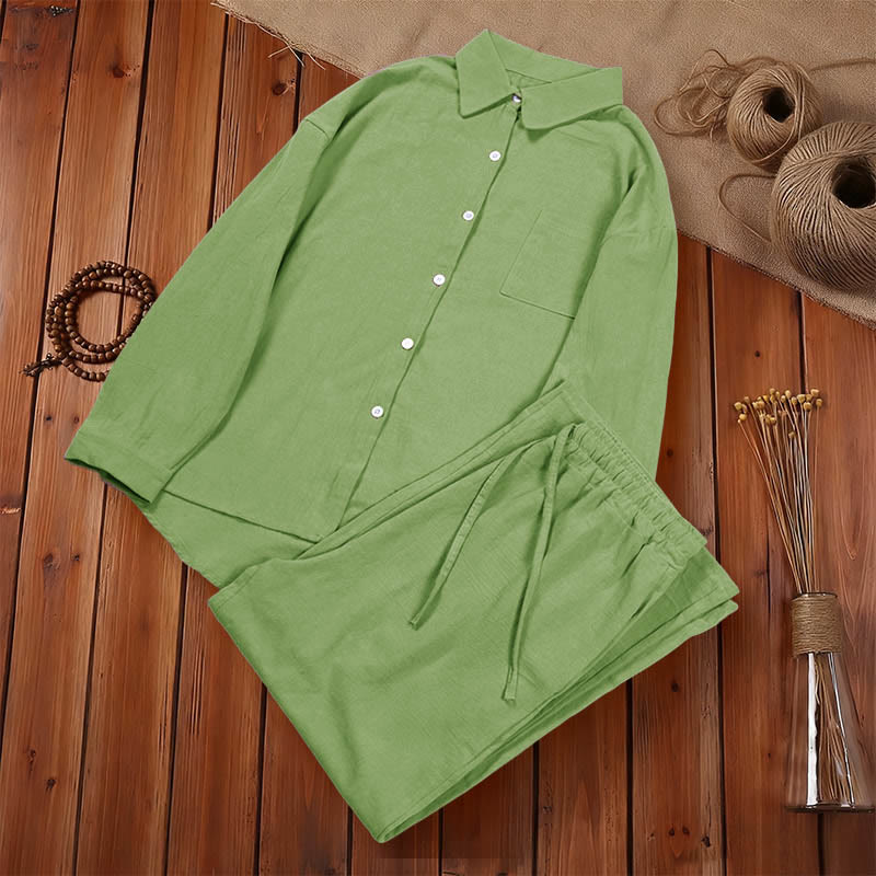 Nimara Ritual 2Pcs Long Sleeve Shirt Top With Pockets Drawstring Pants Meditation Cotton Clothing Women's Set