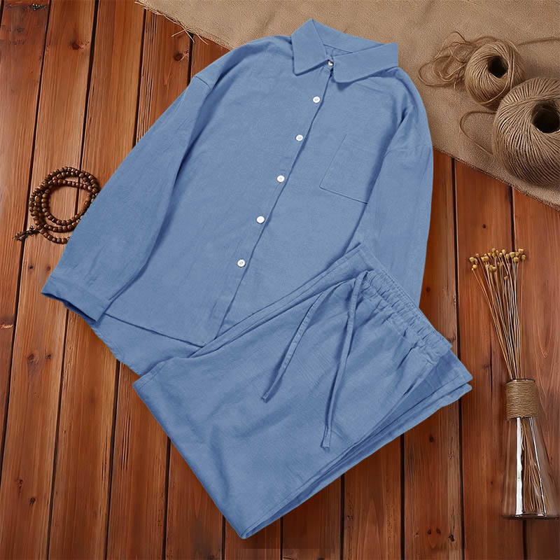 Nimara Ritual 2Pcs Long Sleeve Shirt Top With Pockets Drawstring Pants Meditation Cotton Clothing Women's Set