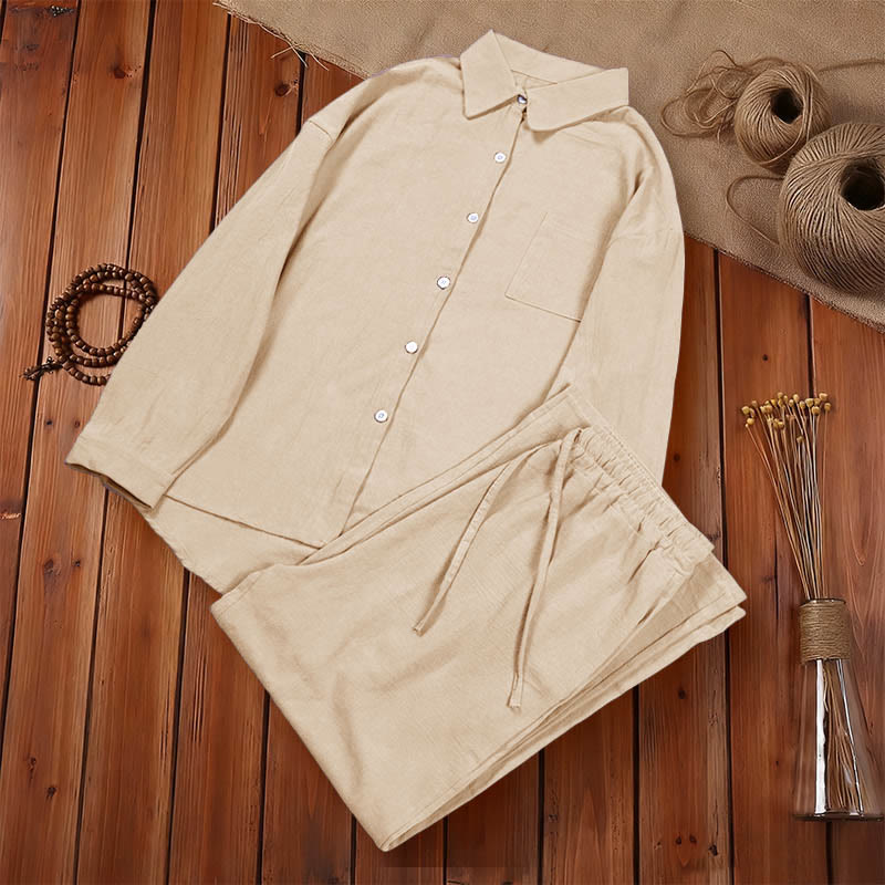 Nimara Ritual 2Pcs Long Sleeve Shirt Top With Pockets Drawstring Pants Meditation Cotton Clothing Women's Set
