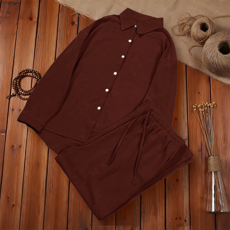 Nimara Ritual 2Pcs Long Sleeve Shirt Top With Pockets Drawstring Pants Meditation Cotton Clothing Women's Set