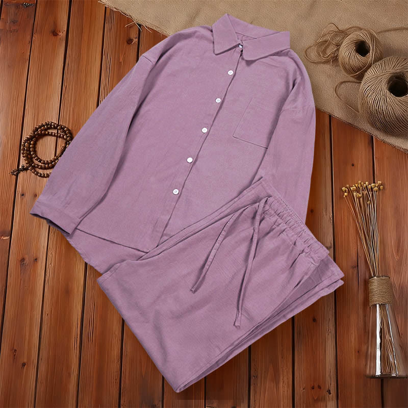 Nimara Ritual 2Pcs Long Sleeve Shirt Top With Pockets Drawstring Pants Meditation Cotton Clothing Women's Set