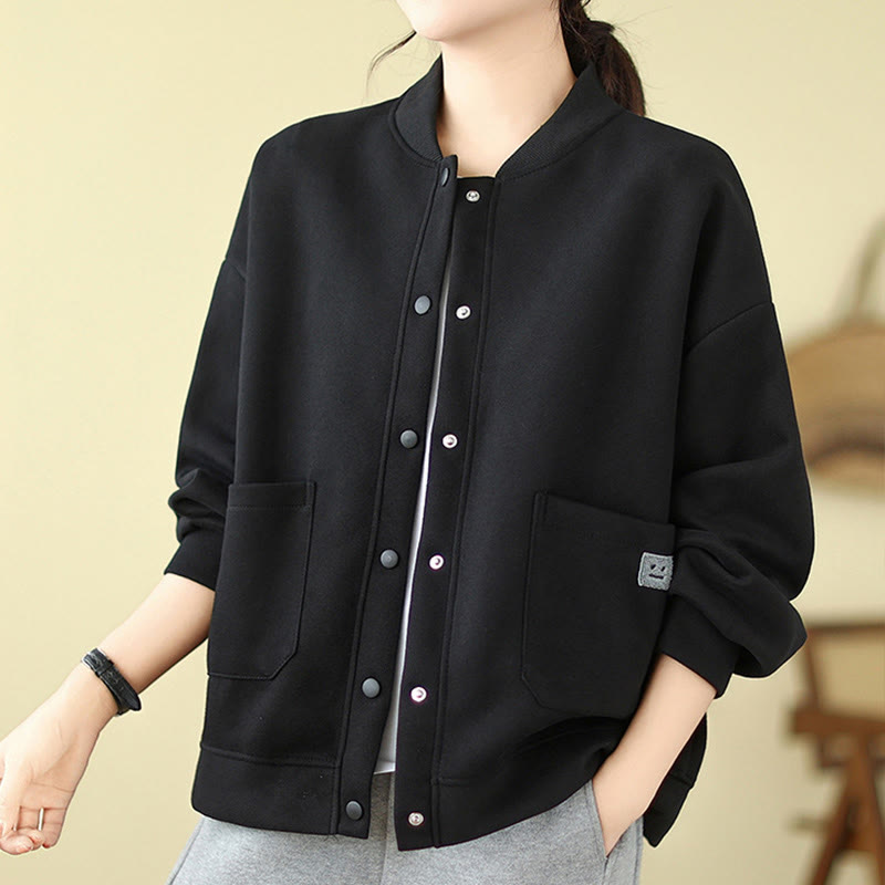 Nimara Ritual Plain Women's Buttons Crew Neck Long Sleeve Cotton Jacket With Pockets