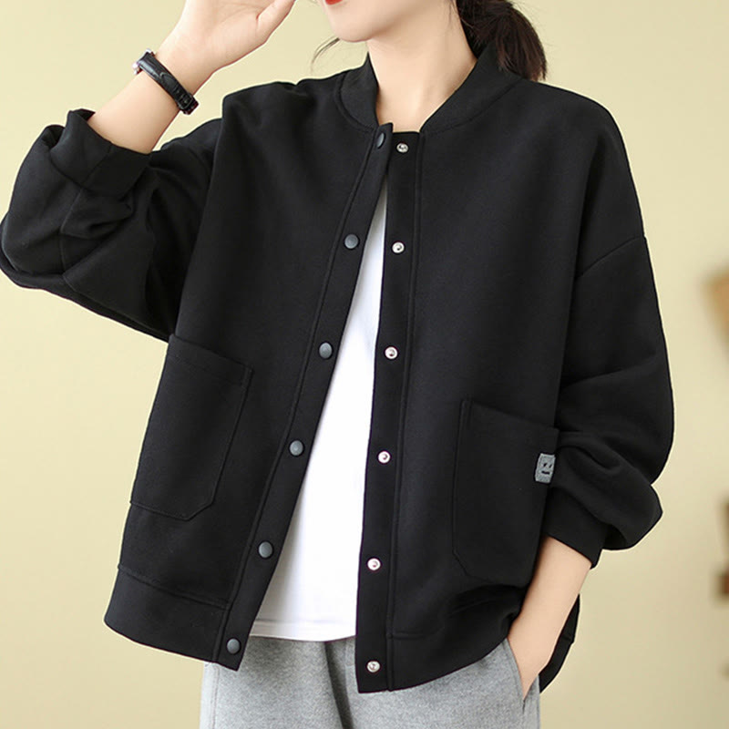 Nimara Ritual Plain Women's Buttons Crew Neck Long Sleeve Cotton Jacket With Pockets