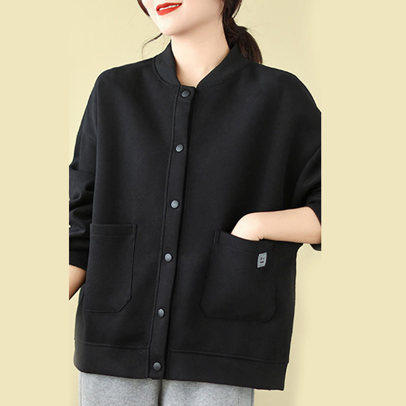 Nimara Ritual Plain Women's Buttons Crew Neck Long Sleeve Cotton Jacket With Pockets
