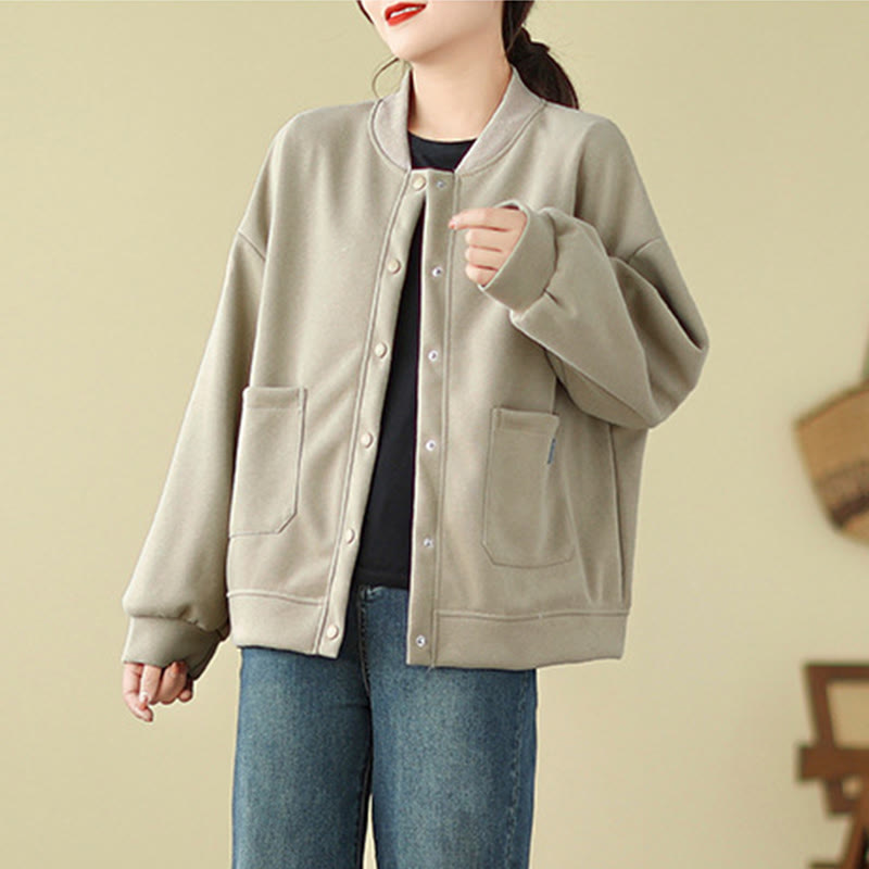 Nimara Ritual Plain Women's Buttons Crew Neck Long Sleeve Cotton Jacket With Pockets