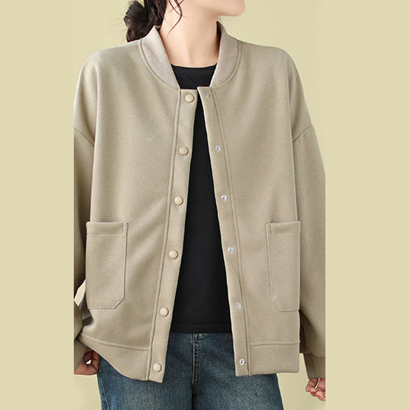 Nimara Ritual Plain Women's Buttons Crew Neck Long Sleeve Cotton Jacket With Pockets
