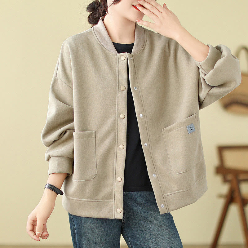 Nimara Ritual Plain Women's Buttons Crew Neck Long Sleeve Cotton Jacket With Pockets