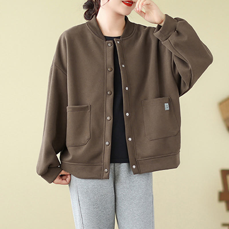 Nimara Ritual Plain Women's Buttons Crew Neck Long Sleeve Cotton Jacket With Pockets