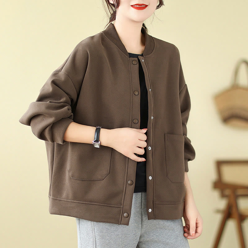 Nimara Ritual Plain Women's Buttons Crew Neck Long Sleeve Cotton Jacket With Pockets