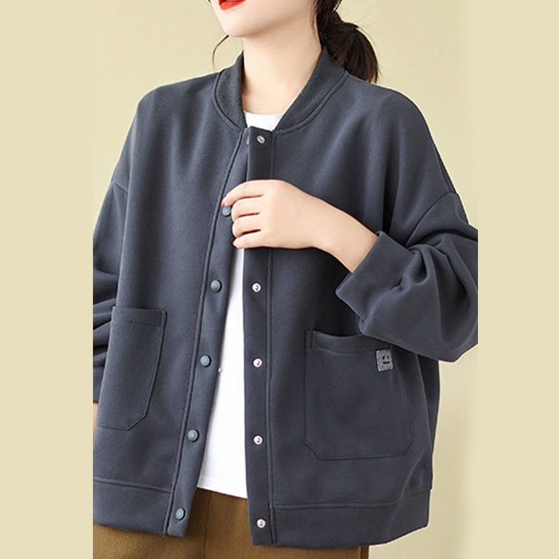 Nimara Ritual Plain Women's Buttons Crew Neck Long Sleeve Cotton Jacket With Pockets