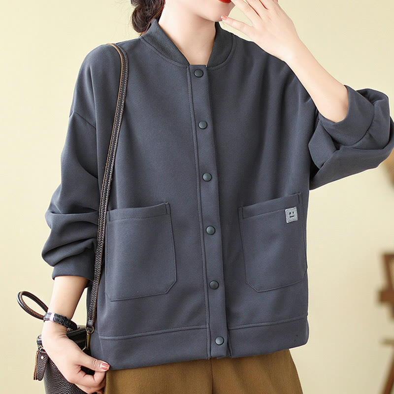 Nimara Ritual Plain Women's Buttons Crew Neck Long Sleeve Cotton Jacket With Pockets