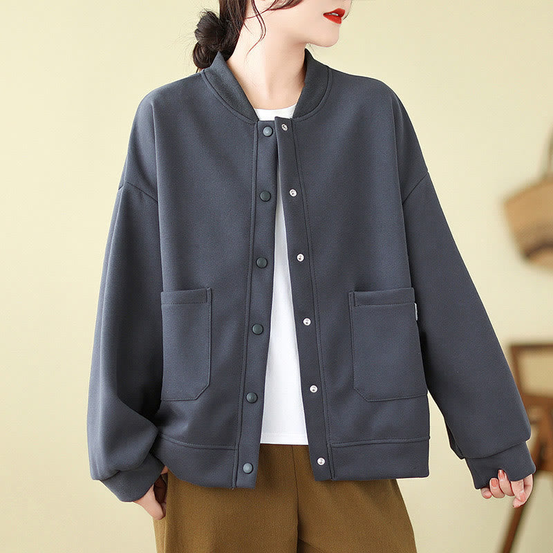Nimara Ritual Plain Women's Buttons Crew Neck Long Sleeve Cotton Jacket With Pockets