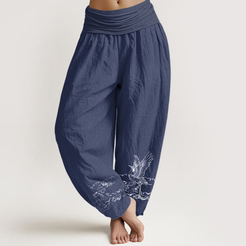 Nimara Ritual Crane Flowing Water Pattern Women's Elastic Waist Harem Cotton Pants