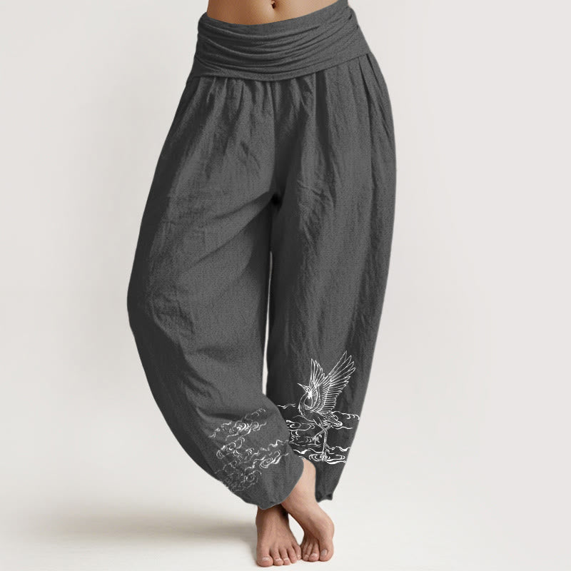 Nimara Ritual Crane Flowing Water Pattern Women's Elastic Waist Harem Cotton Pants