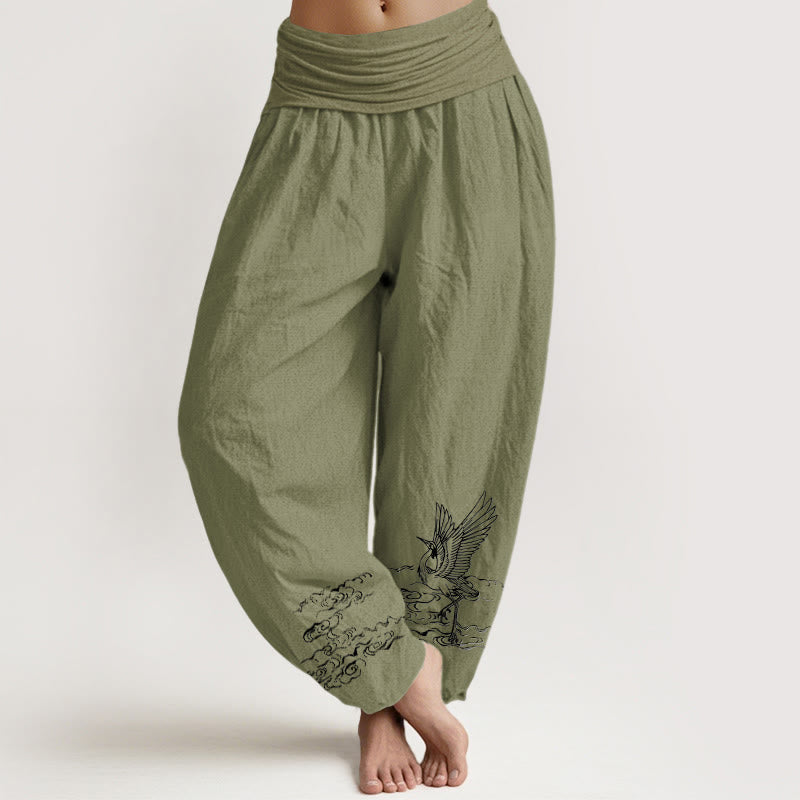 Nimara Ritual Crane Flowing Water Pattern Women's Elastic Waist Harem Cotton Pants