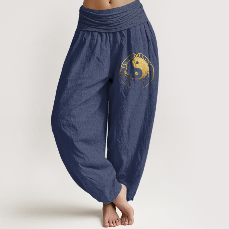 Nimara Ritual Yin Yang Hand Pattern Women's Elastic Waist Harem Cotton Pants