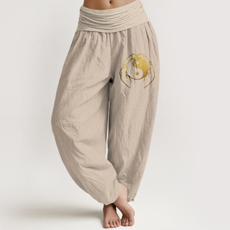 Nimara Ritual Yin Yang Hand Pattern Women's Elastic Waist Harem Cotton Pants