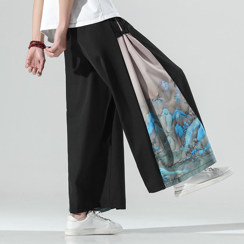 Nimara Ritual Mountains Rivers Pattern Men's Wide Leg Pants With Pockets