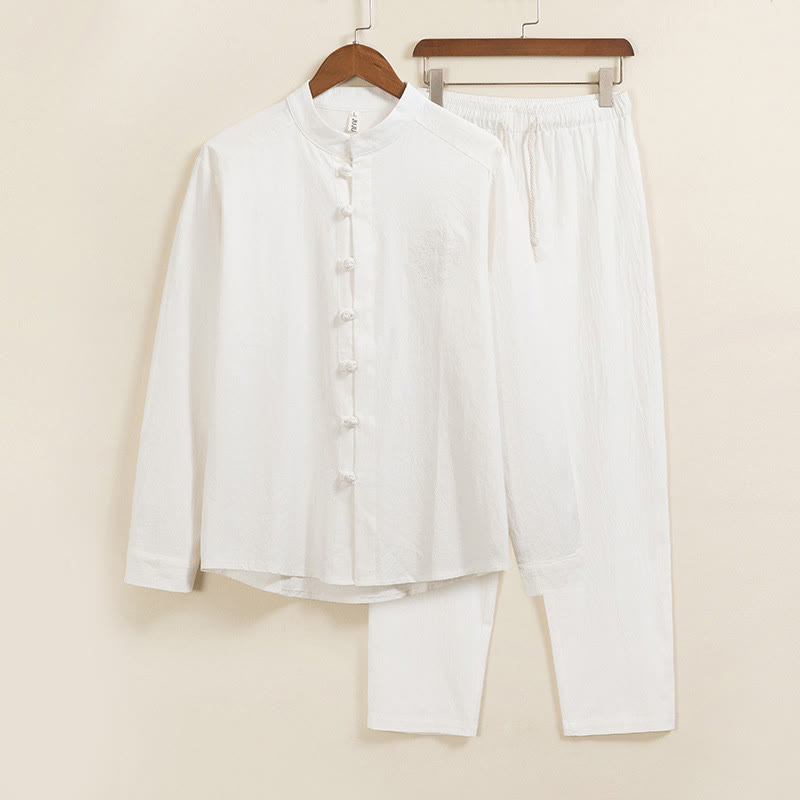 Nimara Ritual 2Pcs Plain Men's Frog-Button Long Sleeve Cotton Shirt Pants Set With Pockets
