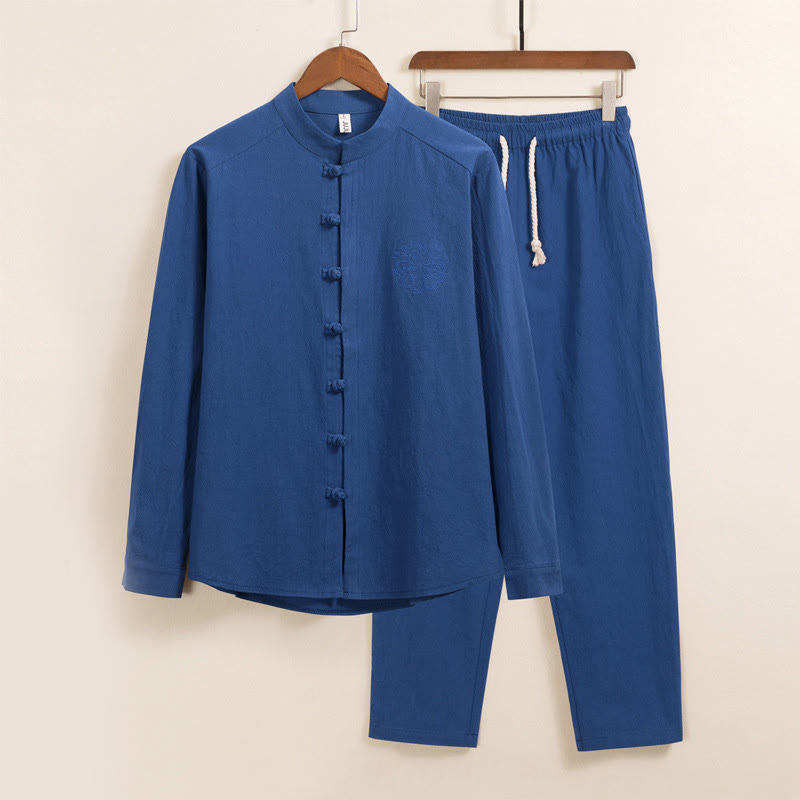 Nimara Ritual 2Pcs Plain Men's Frog-Button Long Sleeve Cotton Shirt Pants Set With Pockets